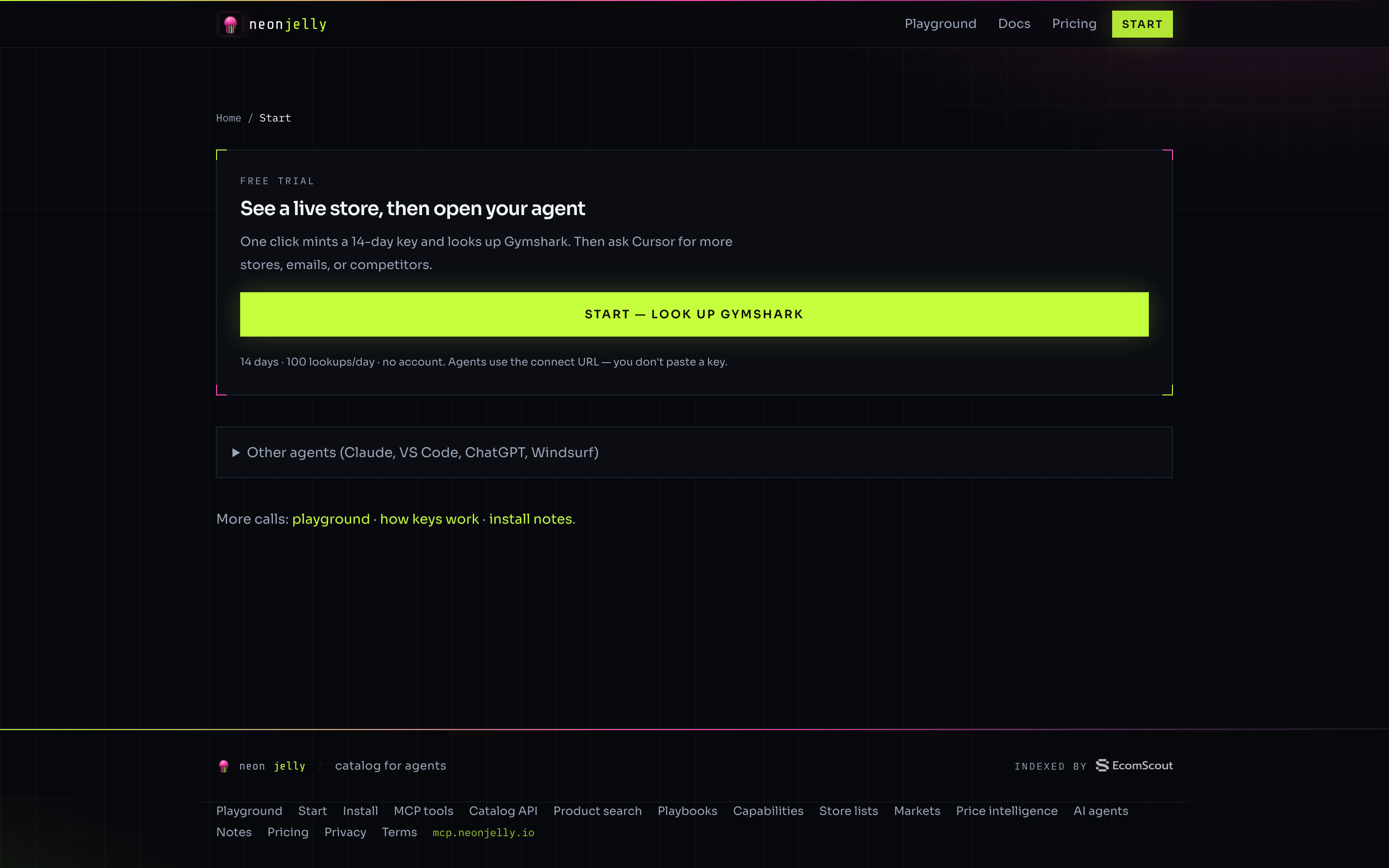 Neonjelly /start page with the Start — look up Gymshark trial button