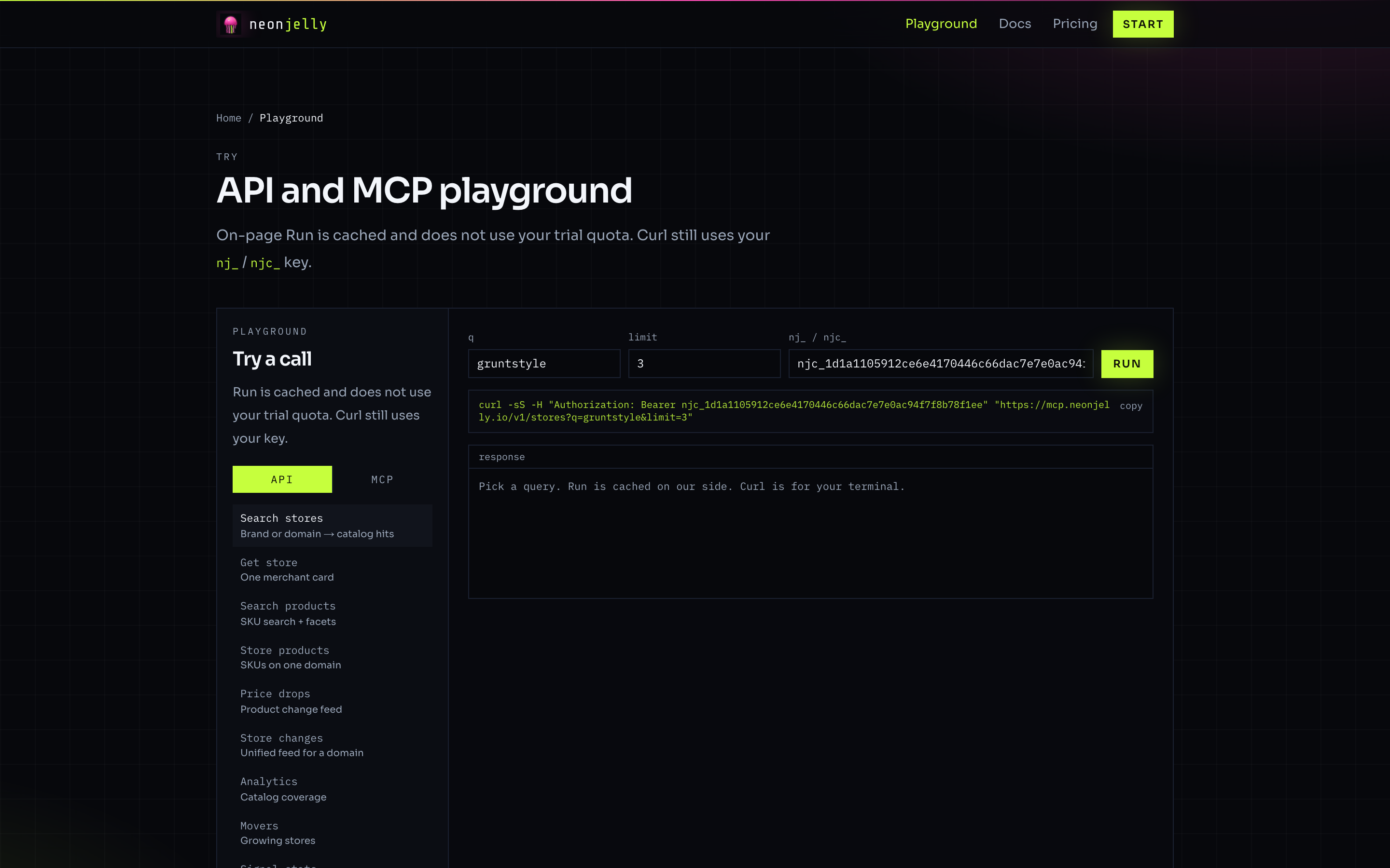 Neonjelly playground with Search stores selected and q set to gruntstyle