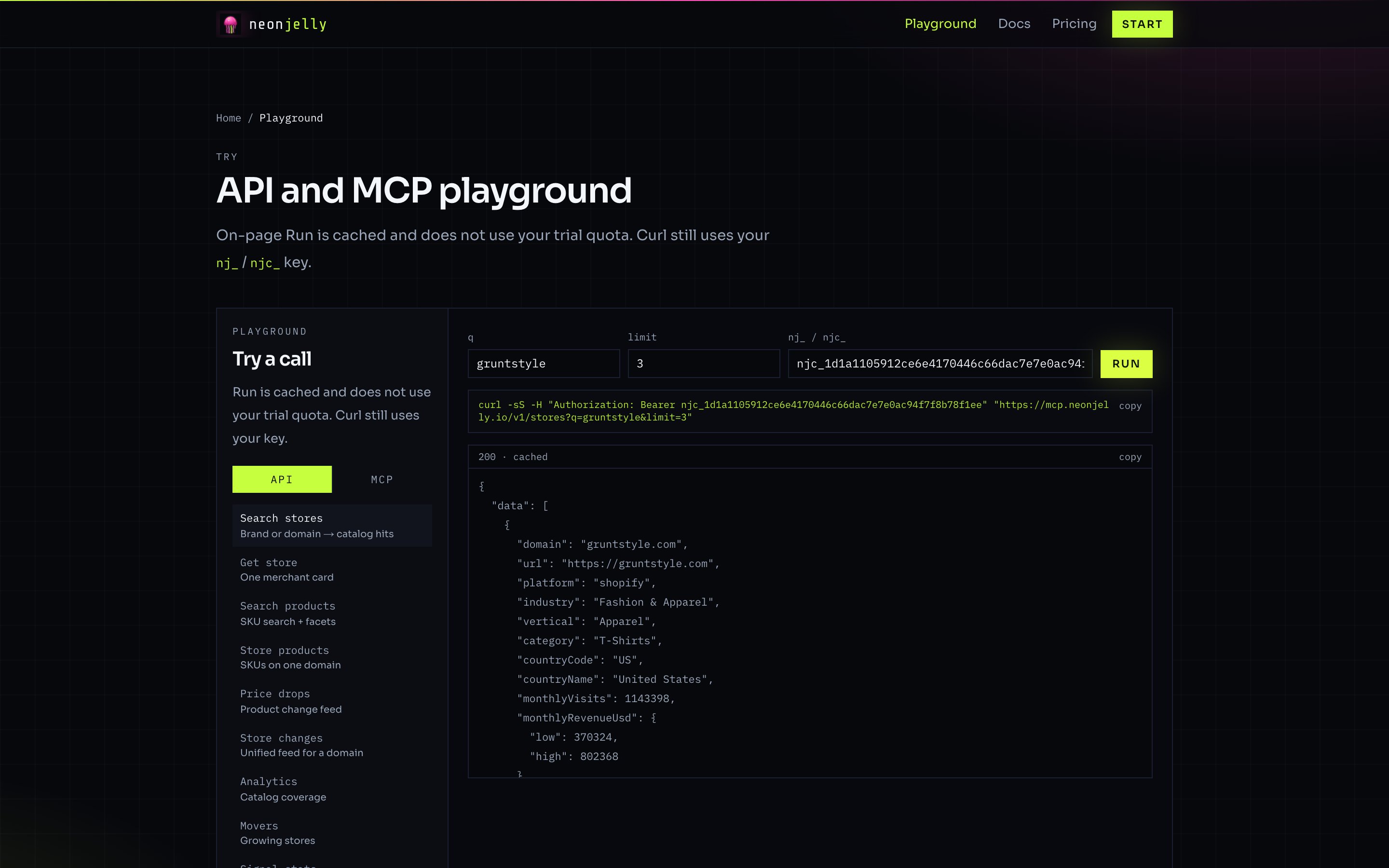 Playground 200 cached JSON for gruntstyle.com with traffic and revenue band