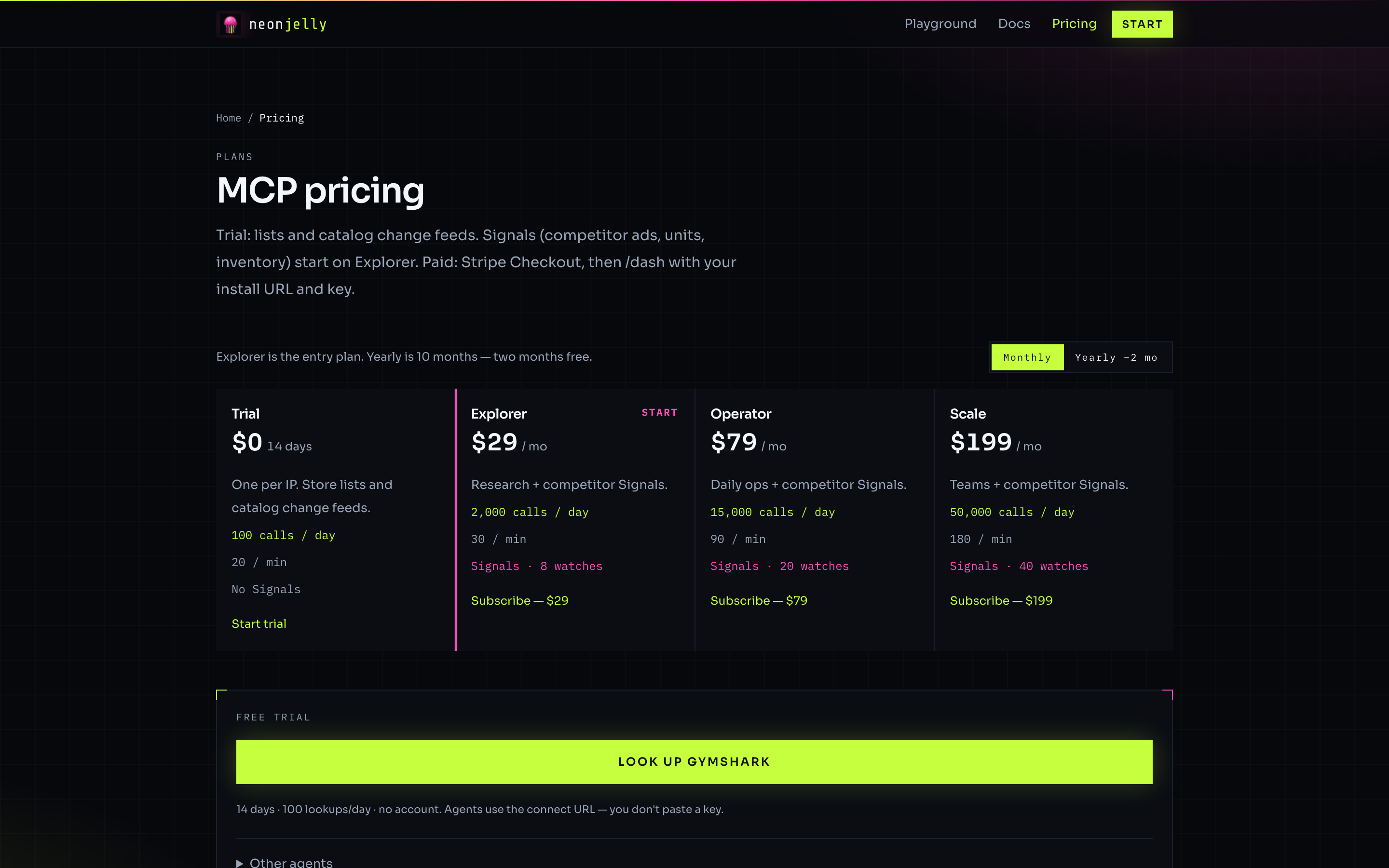 Neonjelly MCP pricing: Trial, Explorer $29, Operator $79, Scale $199