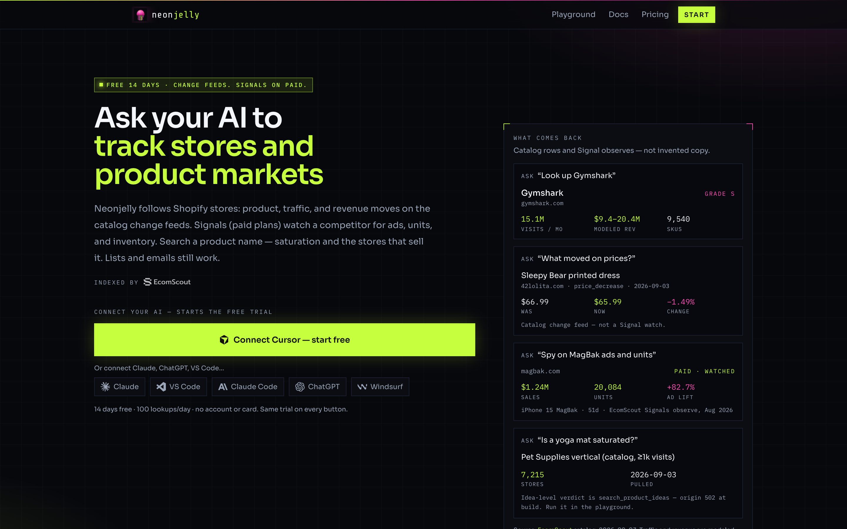 Neonjelly homepage hero with Connect Cursor and four example catalog cards